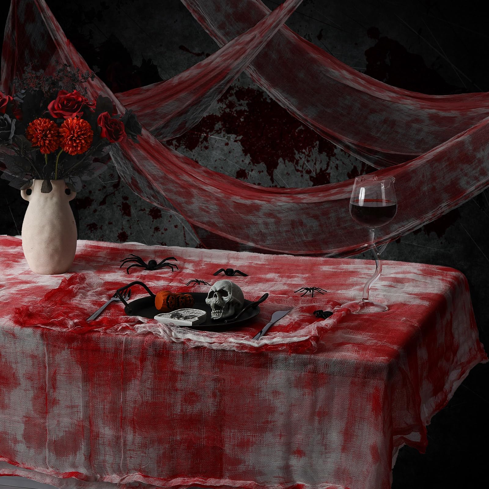 Oudain 7 Pcs Halloween Bloody Gauze Tablecloth and Placemats Set 85" x 60" Horror Spooky Rectangle Table Cover and 6 Pcs Scary Table Mats for Halloween Haunted Zombie House Party Decoration