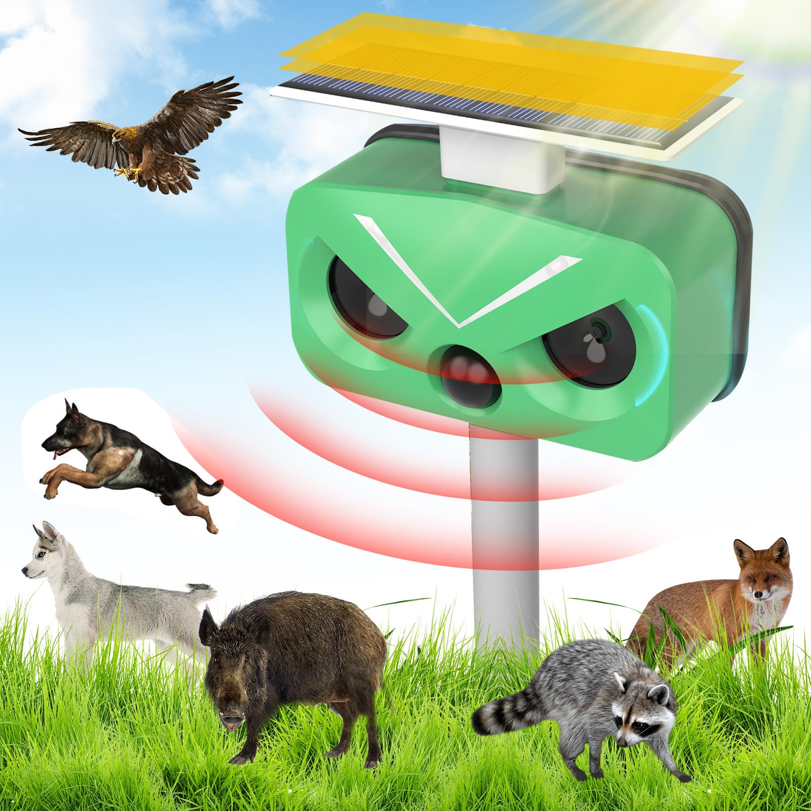 Upgraded Solar Ultrasonic Animal Repeller, Dog Outdoor, Cat Repeller for Squirrel, Raccoon, Skunk, Rabbit, Fox, Deer, Bird etc with Motion Detection, LED Flashing Light 028-2