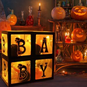 Baby First Halloween Decorations Balloons Boxes 4 Pcs Baby Letter Blocks Transparent Box with 4 LED Light Strings - Halloween Baby Shower Party Supplies Decoration - A Baby is Brewing Party Supplies