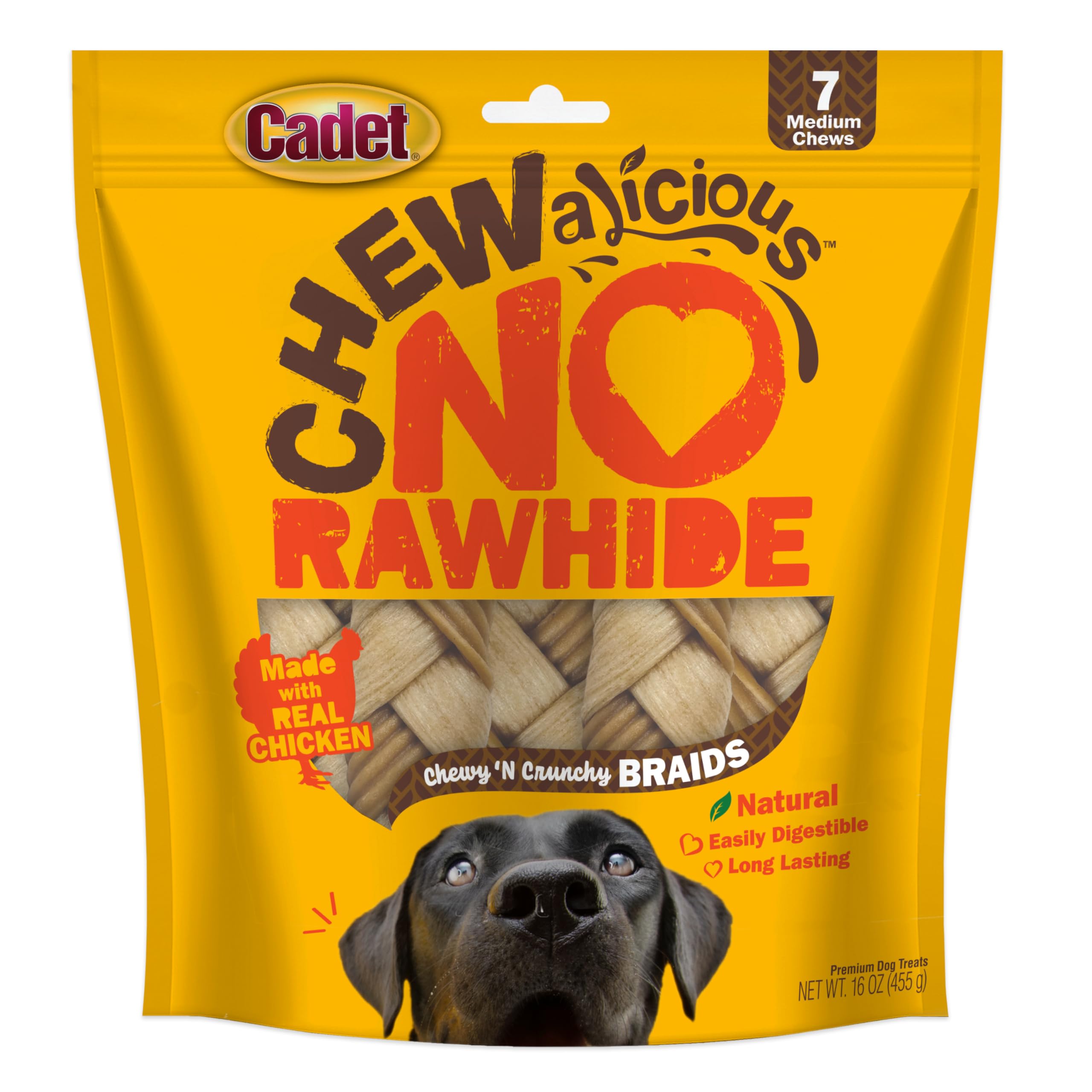 Cadet Chewalicious Chewy 'N Crunchy Braid Dog Treats, Limited Ingredient Rawhide-Free Dog Chews, Long-Lasting Made with Real Chicken, 7 Count (Pack of 1)