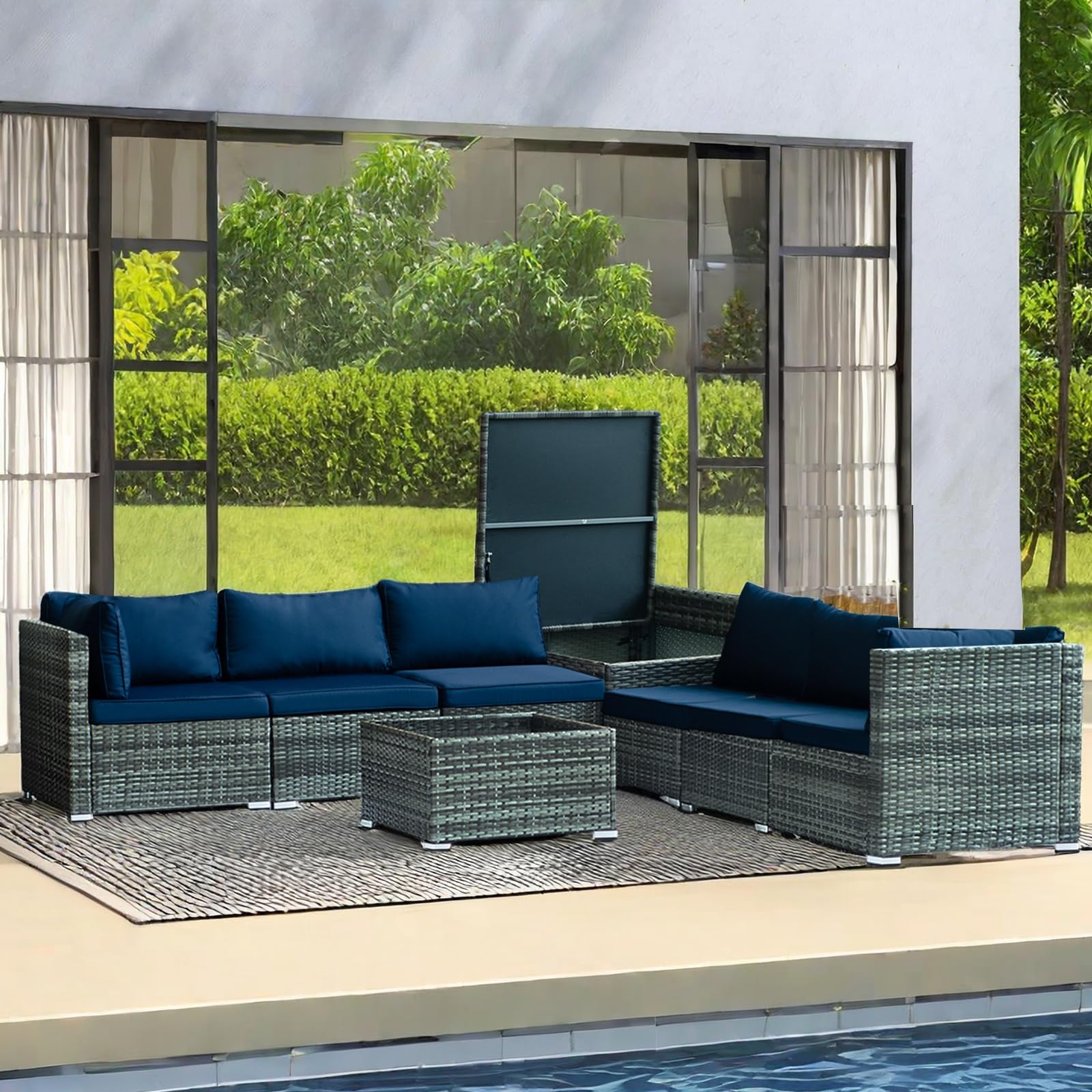 Pierybyt 8-Piece PE Rattan Wicker Outdoor Sectional Sofa Set, Modular Patio Furniture with Thickened Cushions, Hidden Storage & Conversation Patio Set with Glass Top Coffee Table (Gray-Blue)