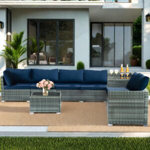 Pierybyt 8-Piece PE Rattan Wicker Outdoor Sectional Sofa Set, Modular Patio Furniture with Thickened Cushions, Hidden Storage & Conversation Patio Set with Glass Top Coffee Table (Gray-Blue)