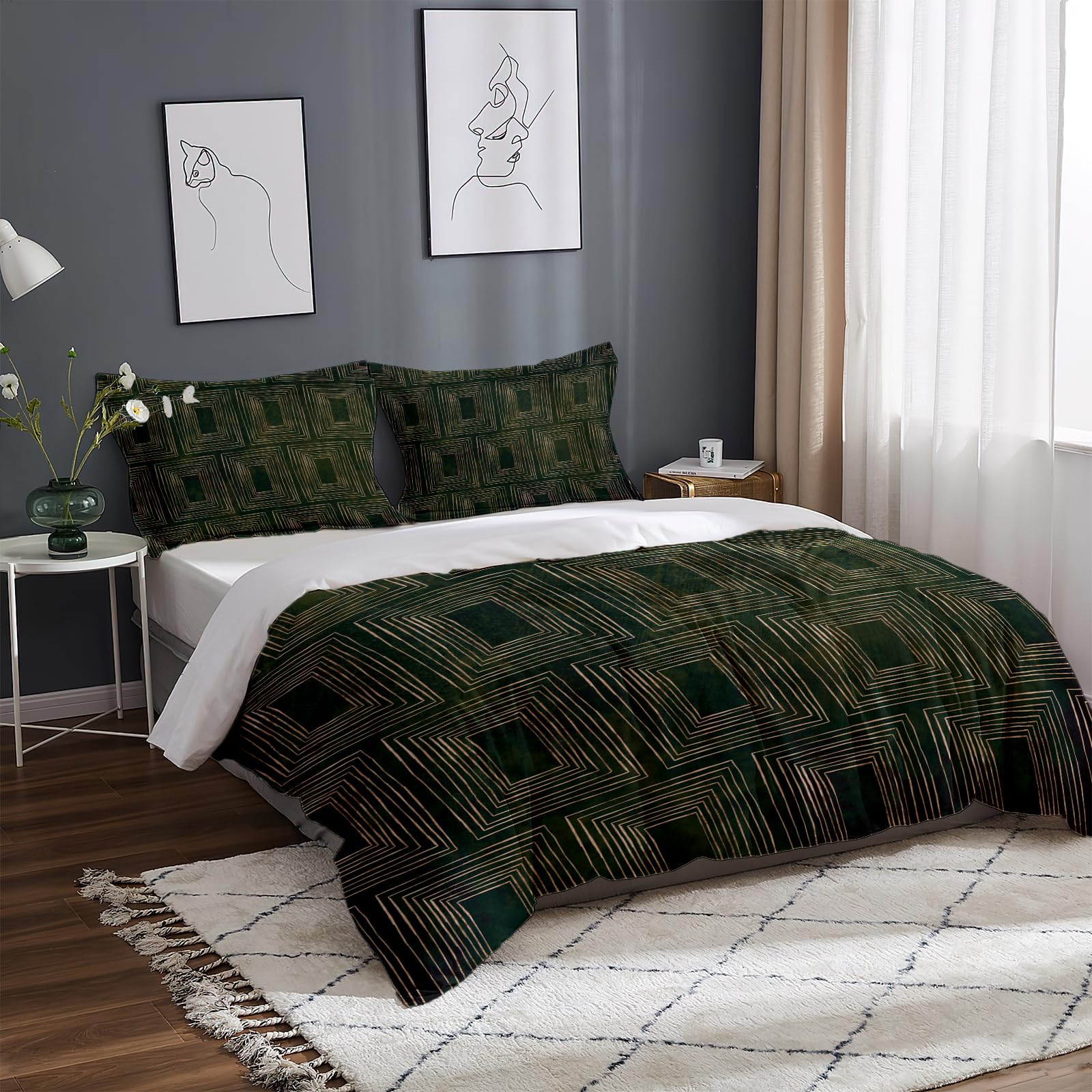 SRHMYWGY Duvet Covers Queen Size (90 X 90 Inches) - 3D Print Modern Hotel Luxury Fashion Geometric Texture Black Green Bedspreads - 3 Pieces (1 Duvet Cover + 2 Pillow Shams), Ultra Soft Microfiber