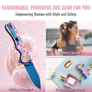 NedFoss DONUT Pink Pocket Knife for Women Men, 2.96" Blade Small EDC Knife, 14C28N Steel Button Lock Knife, Unique Donut Design G10 Handle Folding Utility Knife