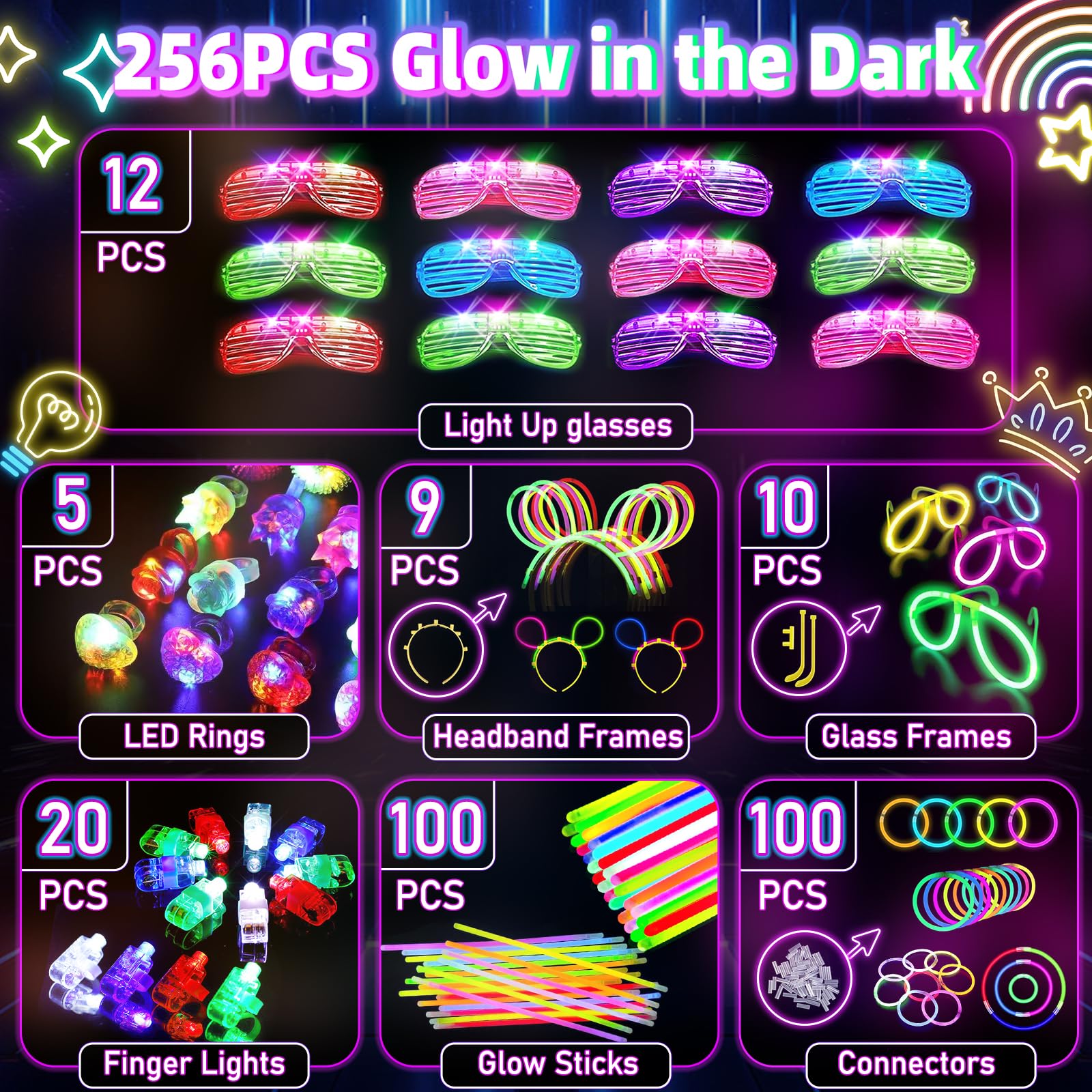 Glow in the Dark Party Supplies for Kids Adults, Light Up Party Favors, 56 LED Light Up Toys, 100 Glow Sticks Bulk Party Pack DIY Glow Glasses Headbands Necklaces for Neon Party Supplies & Decorations