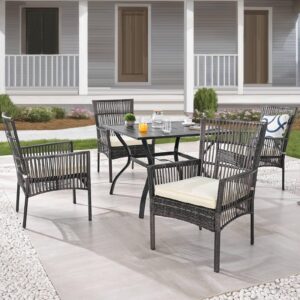 patiofestival patio dining set 5 pieces outdoor furniture sets outside table wicker chairs with galvanized steel frame (5pcs,beige)