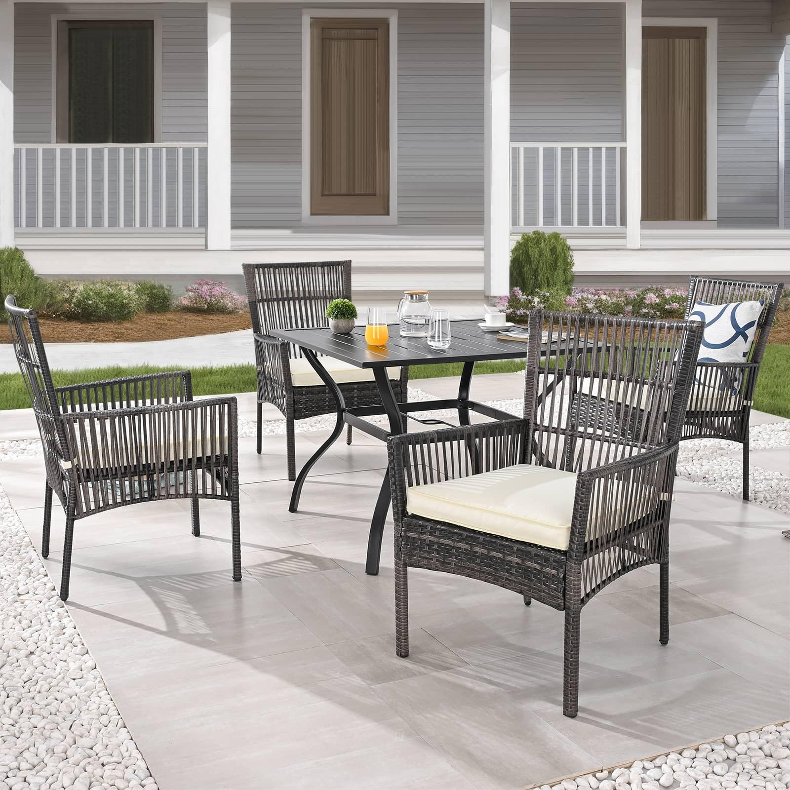 PatioFestival Patio Dining Set 5 Pieces Outdoor Furniture Sets Outside Table Wicker Chairs with Galvanized Steel Frame (5Pcs,Beige)