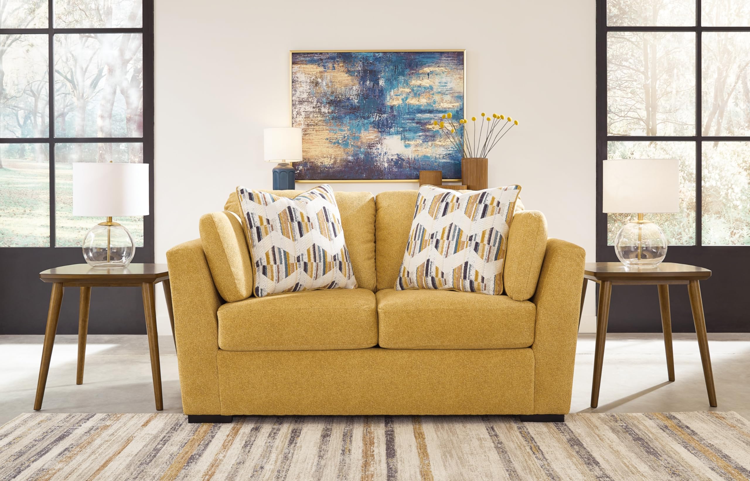 Signature Design by Ashley Keerwick Scandinavian Loveseat with 4 Toss Pillows, Yellow