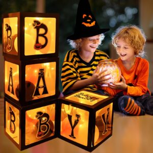 Baby First Halloween Decorations Balloons Boxes 4 Pcs Baby Letter Blocks Transparent Box with 4 LED Light Strings - Halloween Baby Shower Party Supplies Decoration - A Baby is Brewing Party Supplies