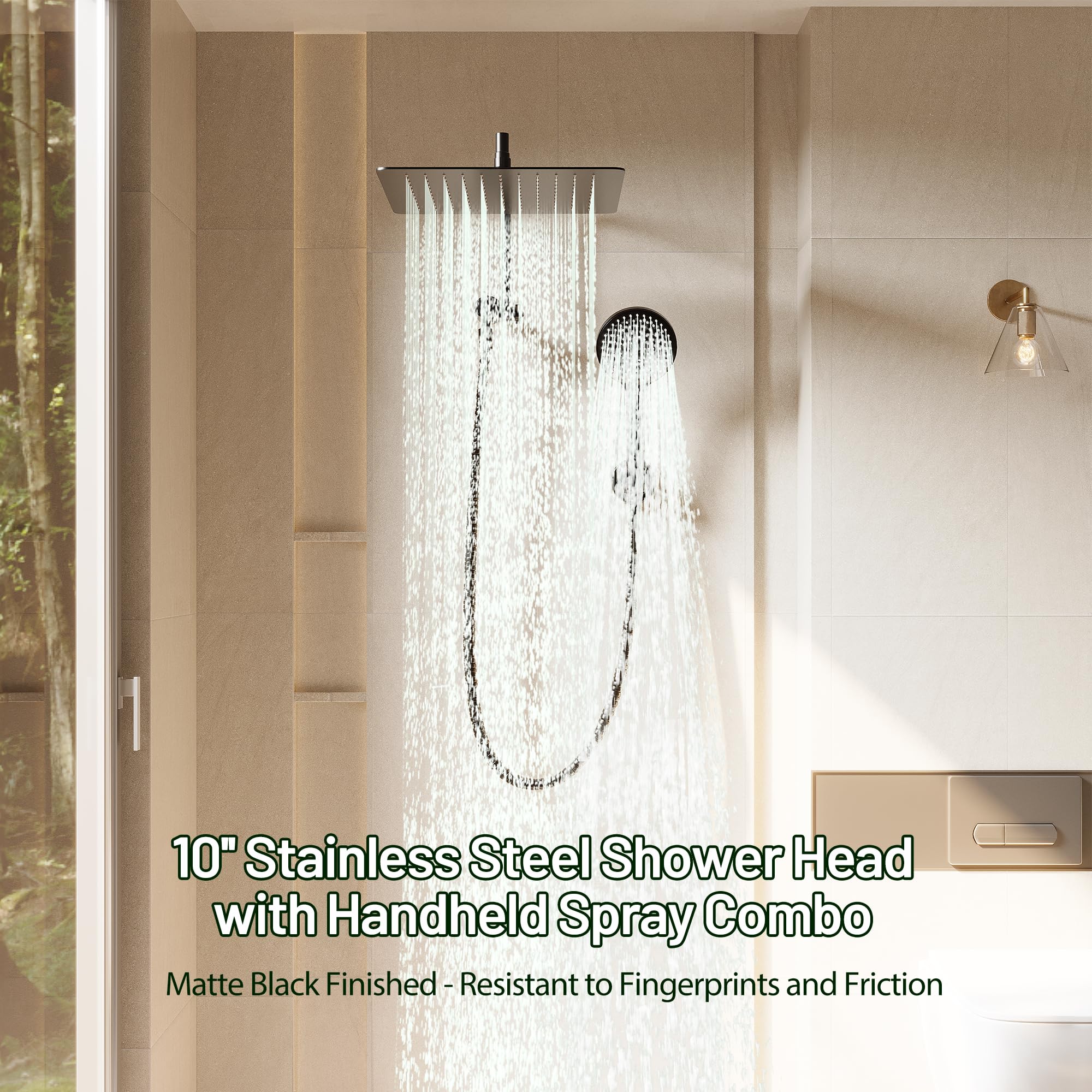 Kurpot Double Shower Heads with Handheld Spray Combo, 10" Stainless Steel Rain Shower Head with Handheld, 3+3 Shower Mode, 13" Adjustable Shower Extension Arm and 59" Long Shower Hose, Matte Black