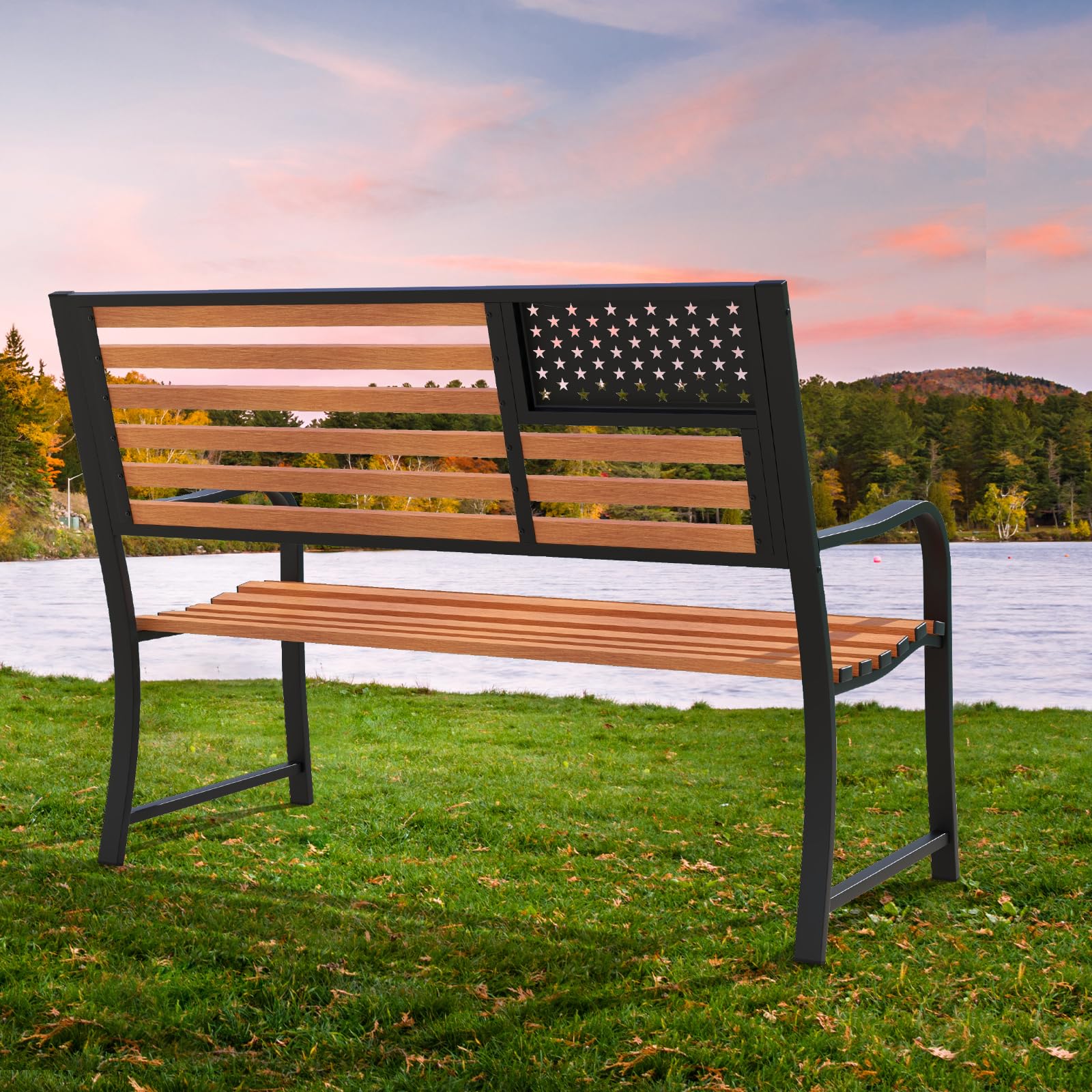 Tangkula 50” Outdoor Garden Bench, 2-Person Metal Patio Chair with Flag Pattern Backrest & Rustic Wood Grain Finish, Patriotic Bench with Arms for Porch, Deck, Park, Brown & Black