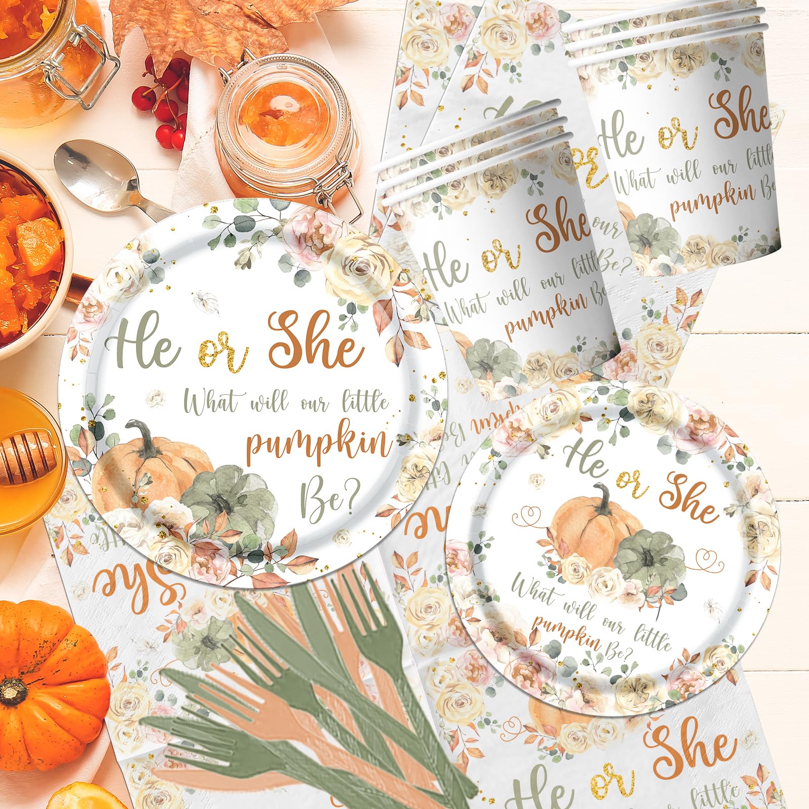 Fall Pumpkin Gender Reveal Tableware,He or She Pumpkin Floral Gender Reveal Party Decorations,What Will Our Little Pumpkin Be Disposable Tablecloth,Plates,Napkins for Autumn Baby Shower Supplies