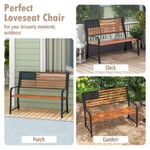 Giantex Outdoor Bench, 2-Person Metal Garden Bench with American Flag Backrest, Curved Armrests & Slatted Seat, 660 Lbs Capacity, Outdoor Bench for Lawn, Porch, Yard, Park Bench