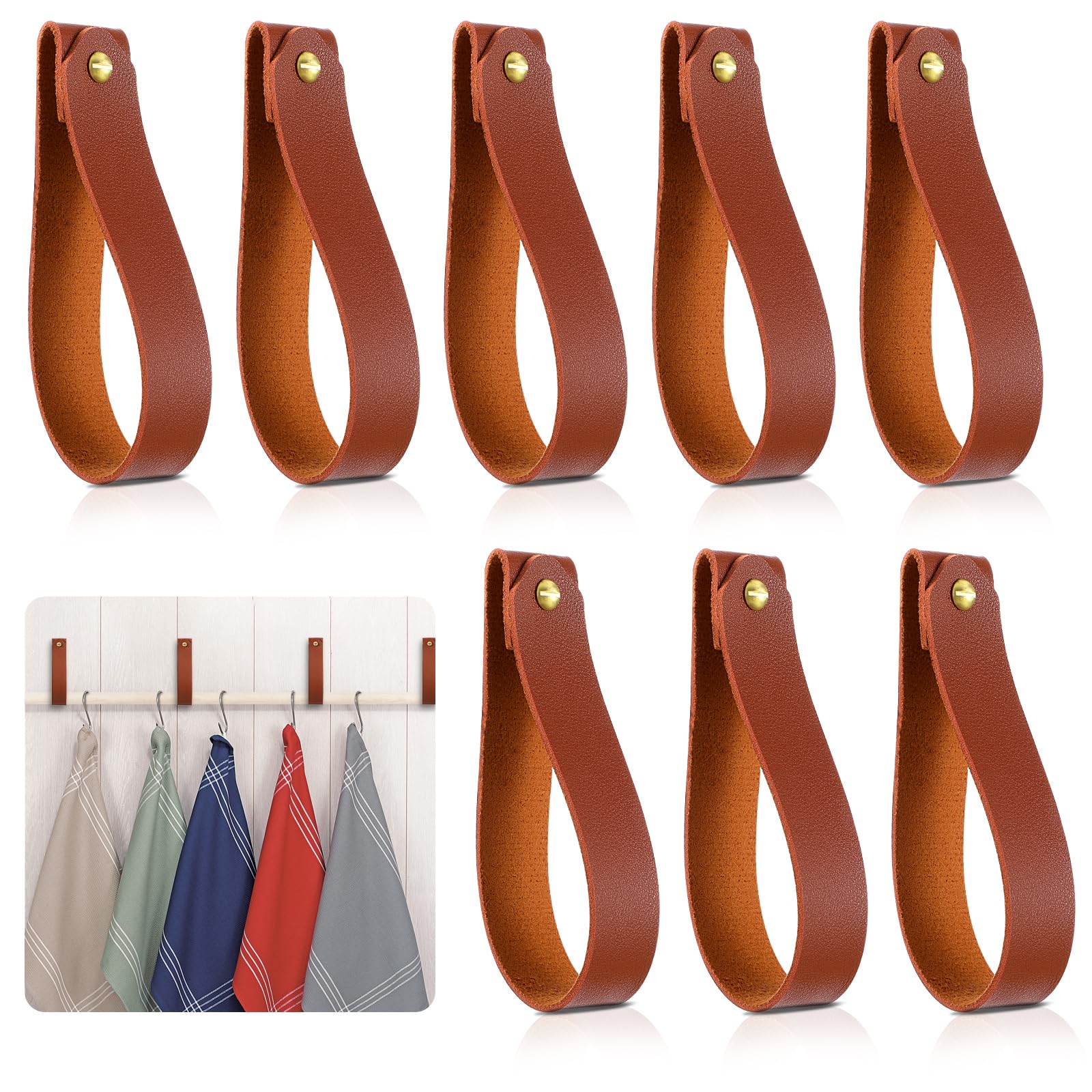 cobee 8 Pcs PU Leather Wall Hooks, 1 x 4.7 in Wall Hanging Straps Leather Curtain Rod Holder Wall Mounted Towel Hanger Loop for Bedroom Bathroom Kitchen(Brown)