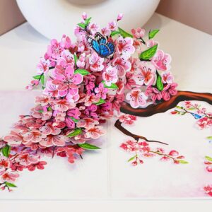 PQ Bees Pop Up Mothers Day Card for Women Mom Grandma Wife, 3D Birthday Anniversary Get Well Soon Thank You Valentines Day Card (Size 6x8 In – Butterflies Cherry Blossom).