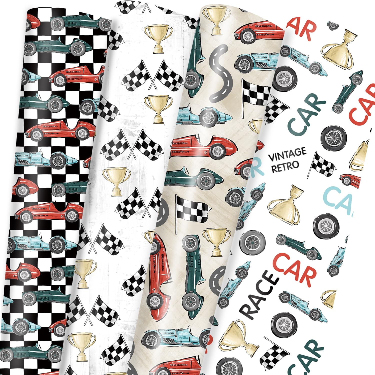 Vnaaem 8 Pc Race Car Wrapping Paper - Birthday Wrapping Paper for Kids Boys - Vintage Retro Car Gift Wrap for Christmas Birthday Baby Shower Holiday 19.6 X27.8Inch