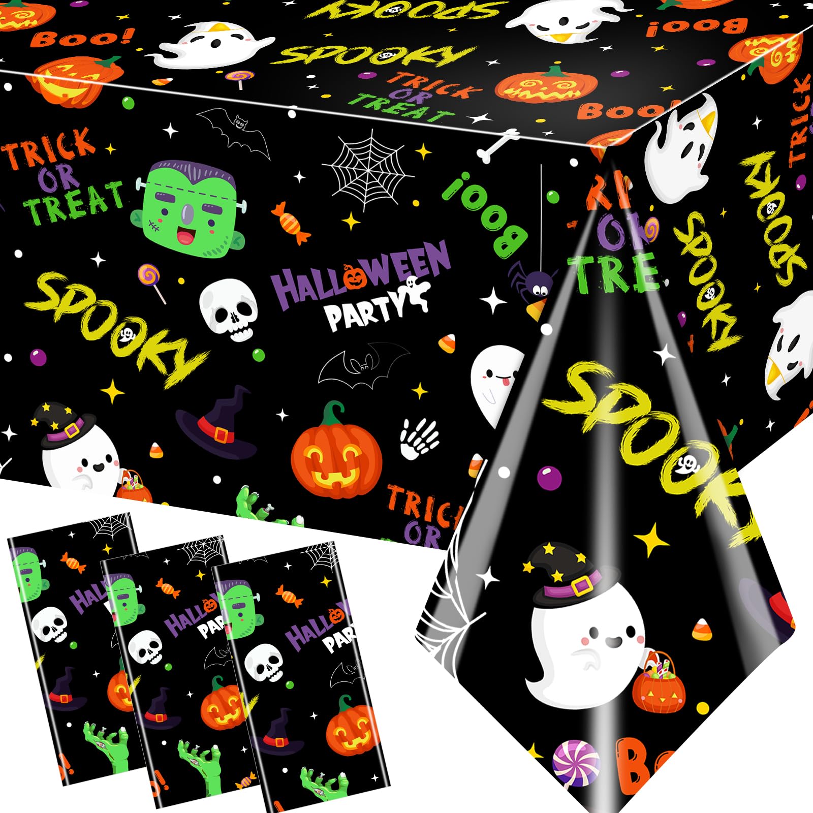 3Pcs Halloween Tablecloth Plastic Spooky Tablecloth Rectangle Spider Web Table Cloth Ghost Table Cloth Halloween Table Decorations Scary Tablecloth Horror Table Cloth Pumpkin Tablecloth