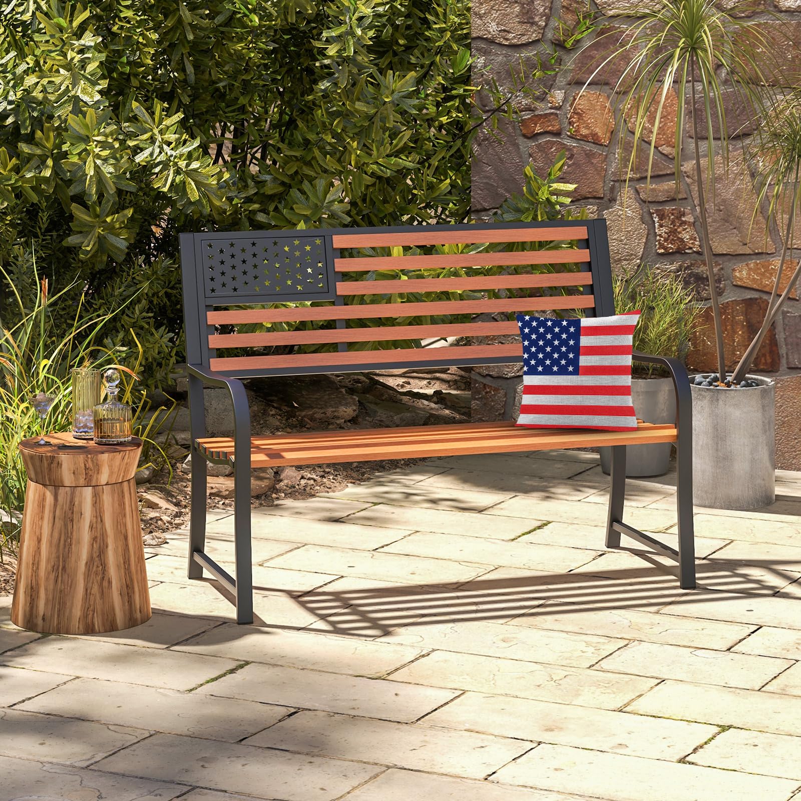 Giantex Outdoor Bench, 2-Person Metal Garden Bench with American Flag Backrest, Curved Armrests & Slatted Seat, 660 Lbs Capacity, Outdoor Bench for Lawn, Porch, Yard, Park Bench