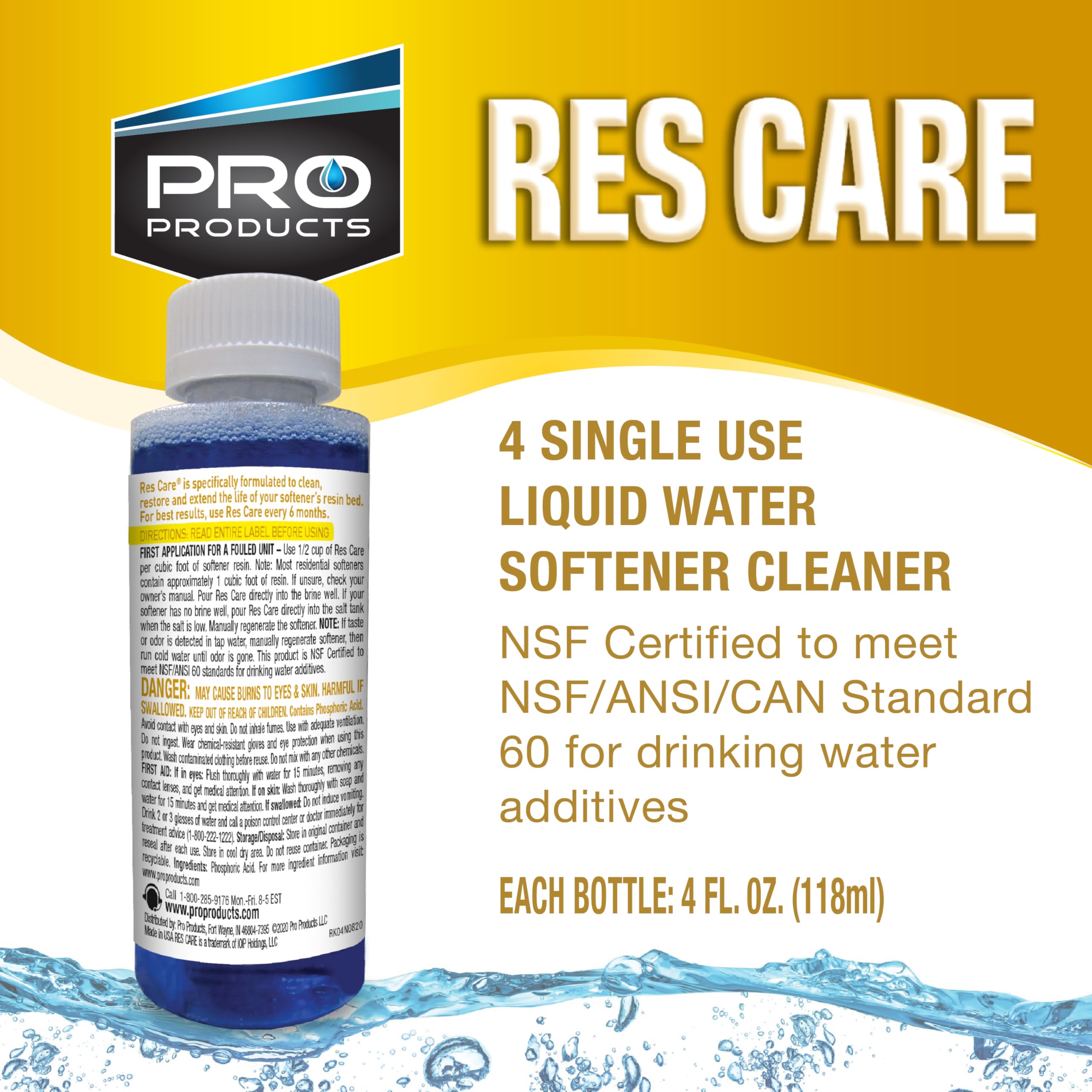 Pro Products Res Care Liquid Water Softener Cleaner, Universal Cleanser for Hardwater Systems, 4 Ounce Bottle, 4-Pack