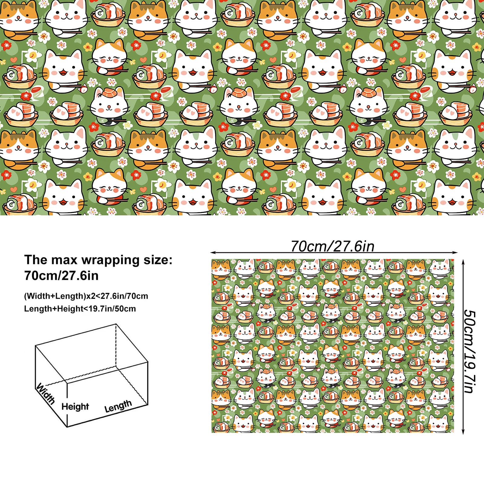 Vnaaem Sushi Cat Wrapping Paper 6 Pc Cute Kawaii Cat Japanese Food Gift Wrap Paper for Kids Girls Boys Birthday Baby Shower Holiday,19.6 X27.8Inch