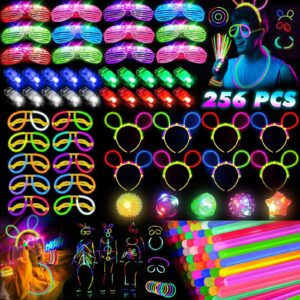 glow in the dark party supplies for kids adults, light up party favors, 56 led light up toys, 100 glow sticks bulk party pack diy glow glasses headbands necklaces for neon party supplies & decorations