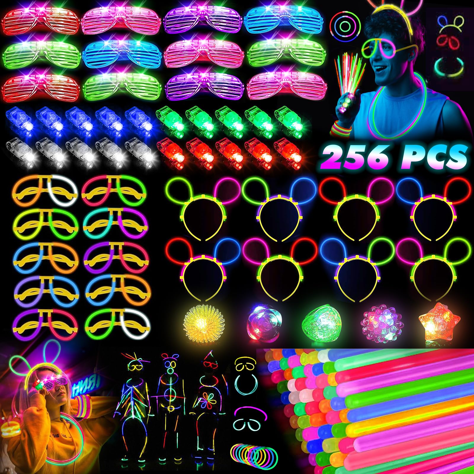 Glow in the Dark Party Supplies for Kids Adults, Light Up Party Favors, 56 LED Light Up Toys, 100 Glow Sticks Bulk Party Pack DIY Glow Glasses Headbands Necklaces for Neon Party Supplies & Decorations