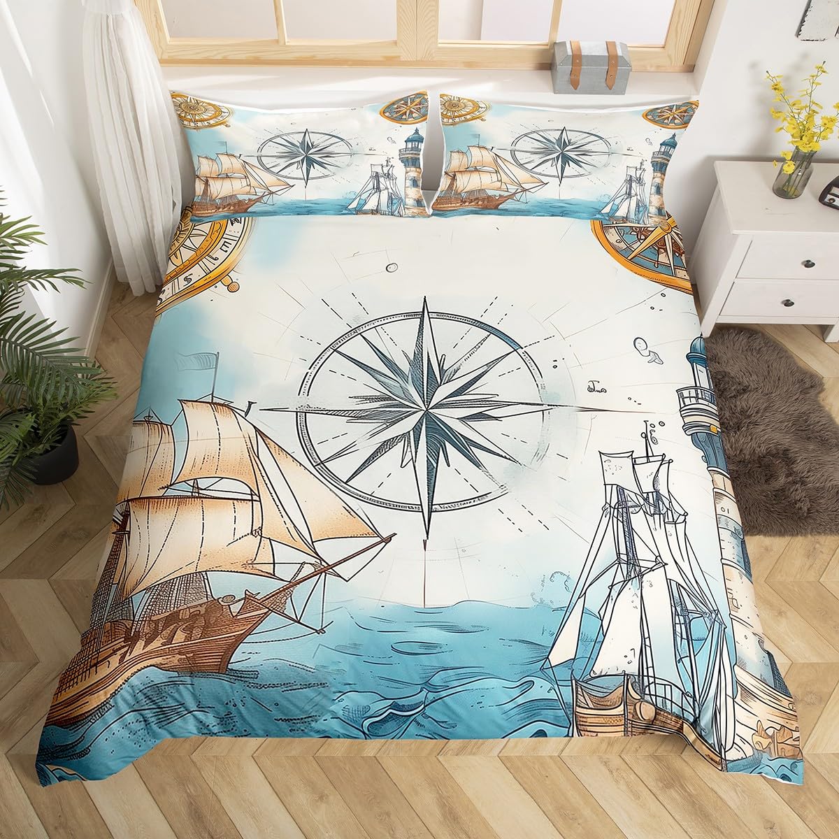 Nautical Sailboat Duvet Cover King Size,Compass Rudder Bedding Set,Kids Boys Girls Teens Adults,Sea Adventure Ocean Map Comforter Cover Sketch Navy Blue Beige Quilt Cover,1 Pillowcase(Not Comforter)