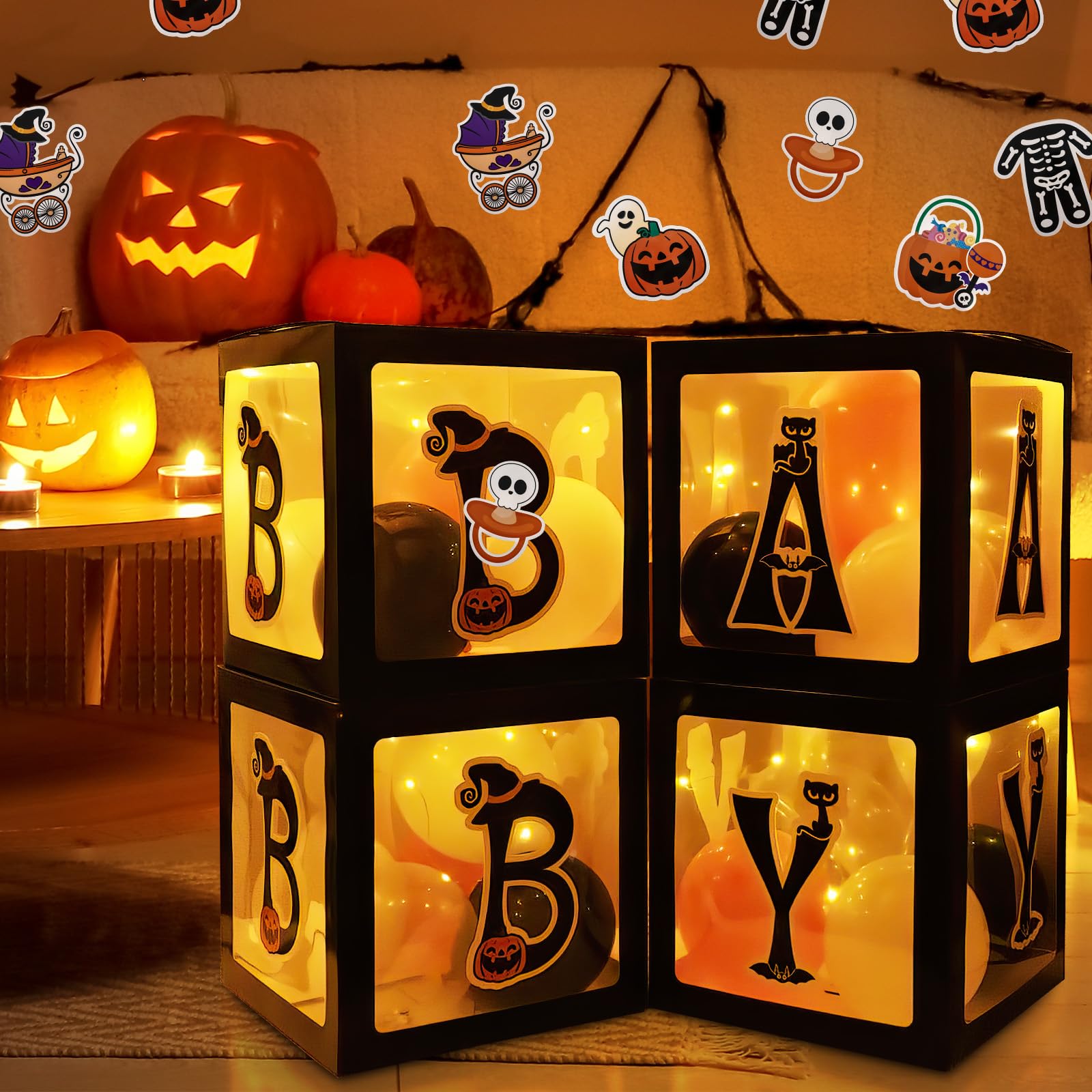 Baby First Halloween Decorations Balloons Boxes 4 Pcs Baby Letter Blocks Transparent Box with 4 LED Light Strings - Halloween Baby Shower Party Supplies Decoration - A Baby is Brewing Party Supplies