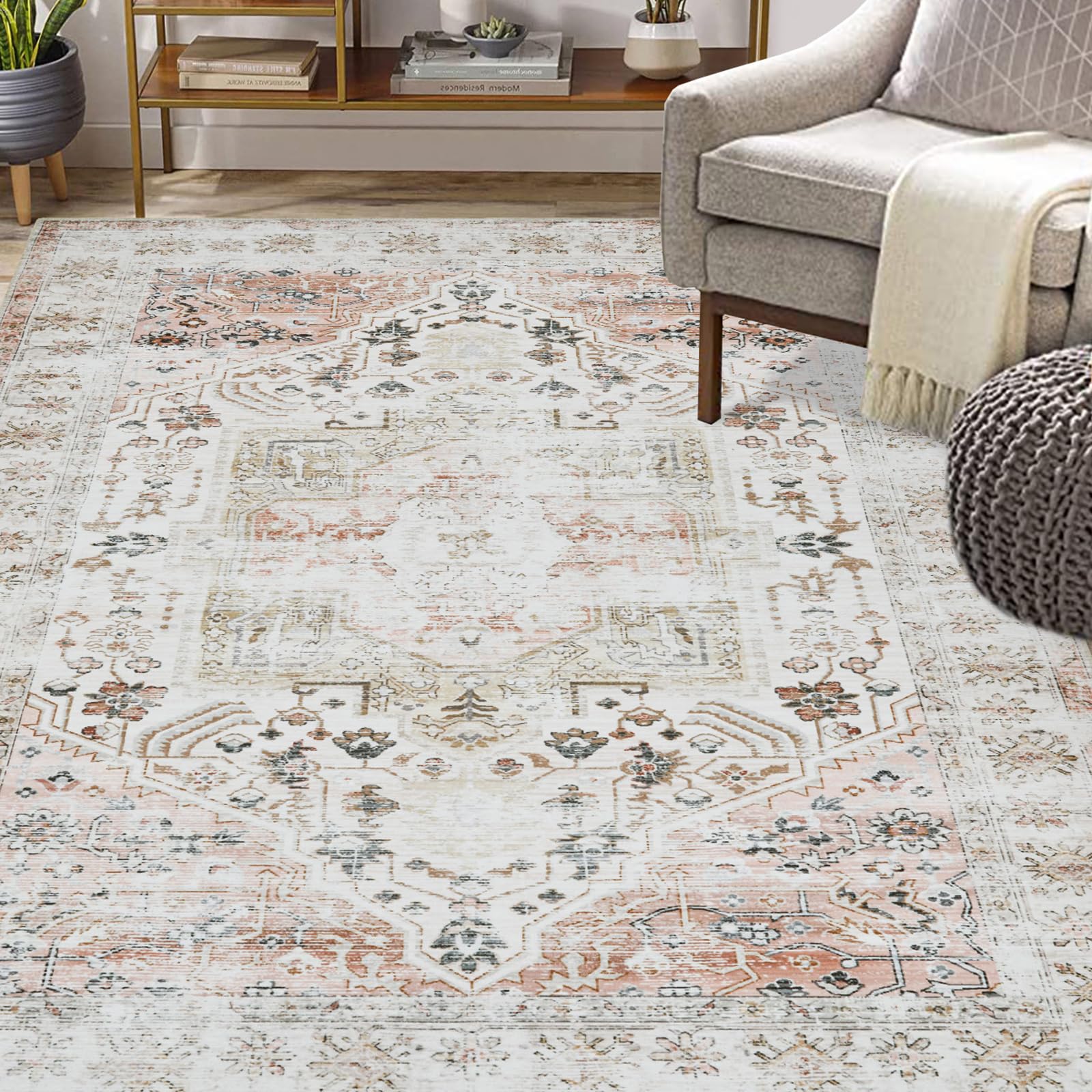 GarveeHome 9x12 Washable Rug Vintage Rug Indoor Floor Cover Print Distressed Medallion Rug Non Slip Soft Rug Foldable Large Accent Rug Lightweight Carpet, Taupe Multi