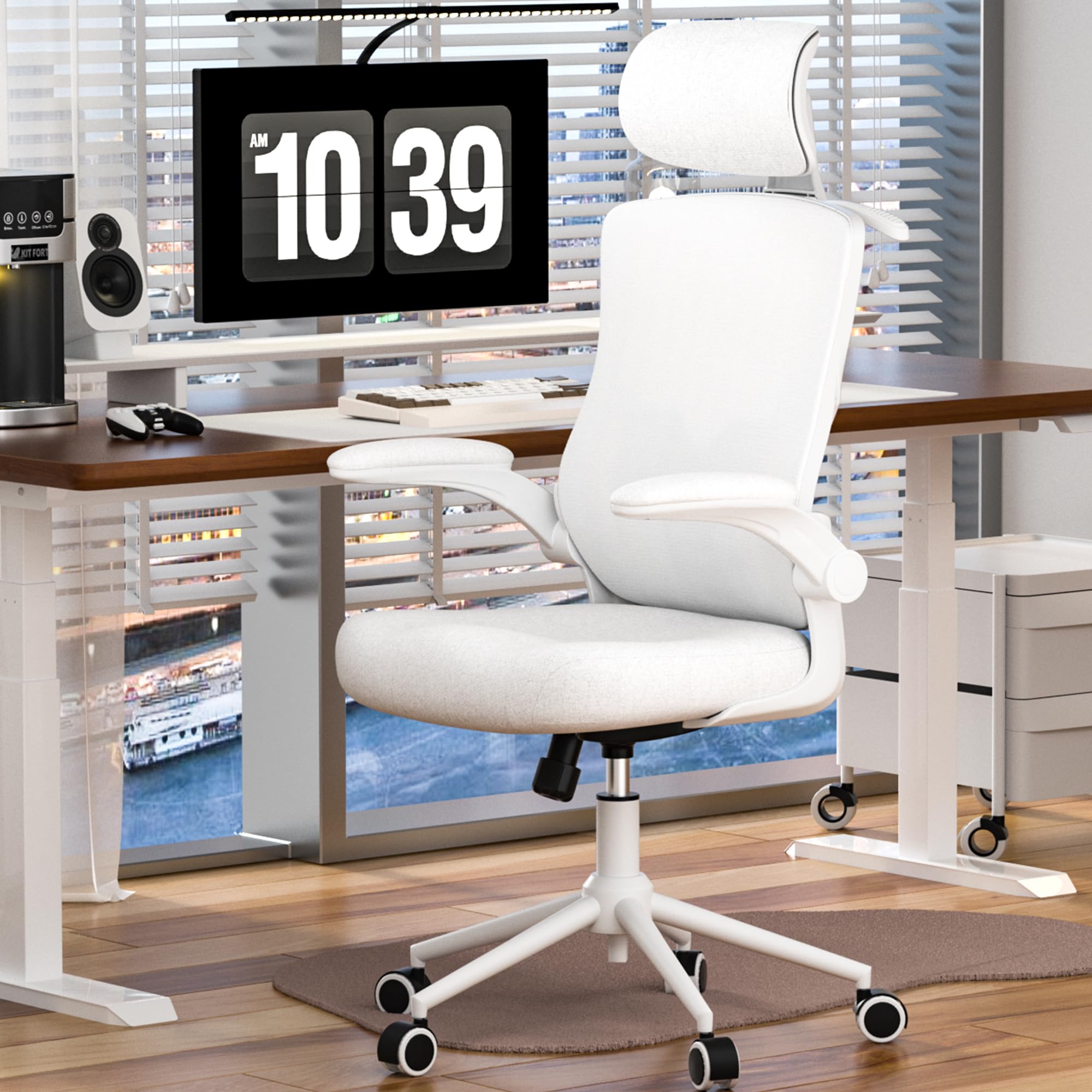 FOKESUN Ergonomic Office Chair, High Back Mesh Desk Chair with Molded Foam Cushion, Adjustable Headrest, Lumbar Support, Lock Function (All White)