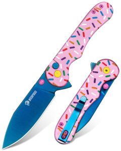 nedfoss donut pink pocket knife for women men, 2.96" blade small edc knife, 14c28n steel button lock knife, unique donut design g10 handle folding utility knife