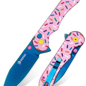 NedFoss DONUT Pink Pocket Knife for Women Men, 2.96" Blade Small EDC Knife, 14C28N Steel Button Lock Knife, Unique Donut Design G10 Handle Folding Utility Knife