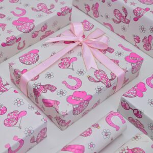 Vnaaem Western Cowgirl Wrapping Paper 6 Pcs Pink Disco Cactus Cow Boots and Hat Patterns for Girls Music Fans Women Birthday Baby Shower Party DIY Crafts Gift Packing 19.6 X 27.8 Inch