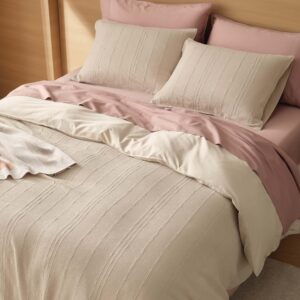 double stitch striped textured duvet cover set, smooth breathable cotton tencel blend, king size comforter cover, ultra soft luxury bedding set, 1 duvet cover 106" x 90", 2 shams, textured sandstone