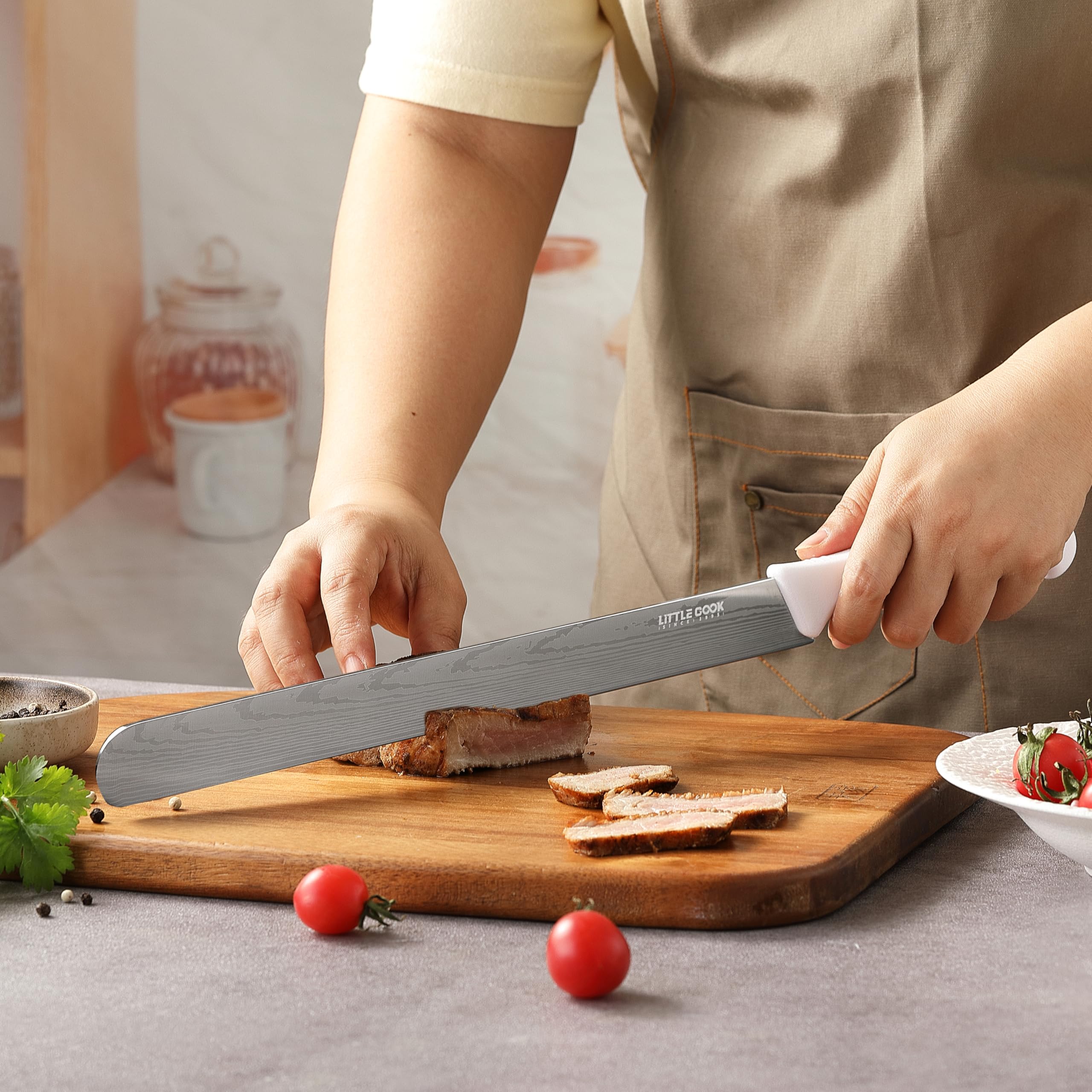 Brisket Slicing Knife, Little Cook 12" Stainless Steel Carving Knife for Meat, Brisket, BBQ, Turkey, Watermelon (White)