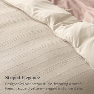 Double Stitch Striped Textured Duvet Cover Set, Smooth Breathable Cotton Tencel Blend, King Size Comforter Cover, Ultra Soft Luxury Bedding Set, 1 Duvet Cover 106" x 90", 2 Shams, Textured Sandstone