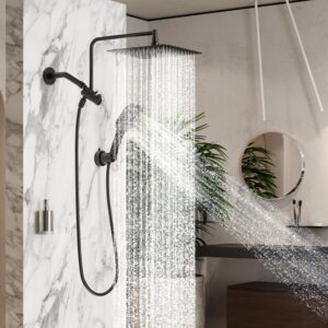 Esnbia Rain Shower Heads with Handheld Spray Combo, 10 Inch High Pressure Rainfall Shower Head with 11" Extension Arm, 3 Setting Handheld Shower Head with Suction Cup Shower Holder, Matte Black