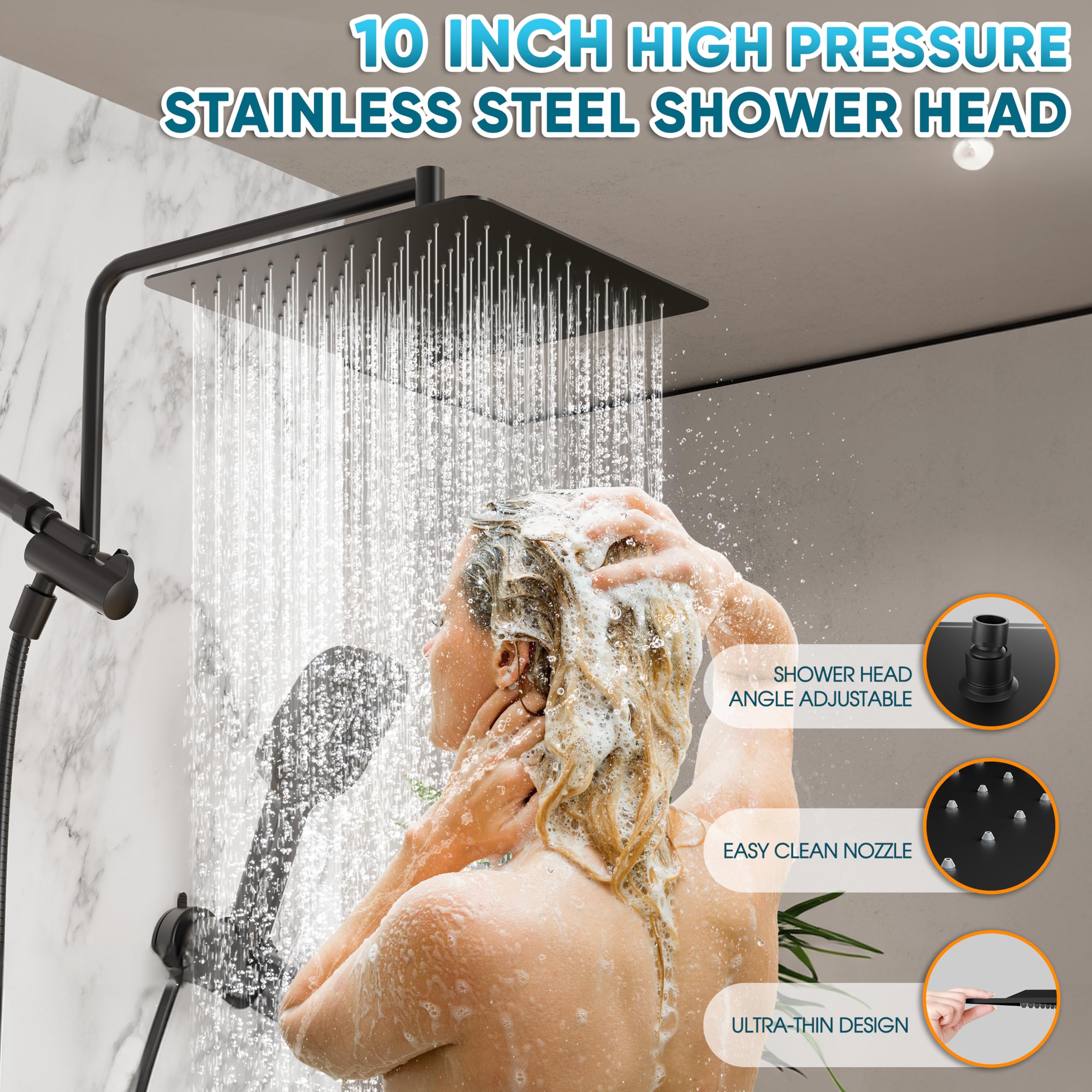 Esnbia Rain Shower Heads with Handheld Spray Combo, 10 Inch High Pressure Rainfall Shower Head with 11" Extension Arm, 3 Setting Handheld Shower Head with Suction Cup Shower Holder, Matte Black