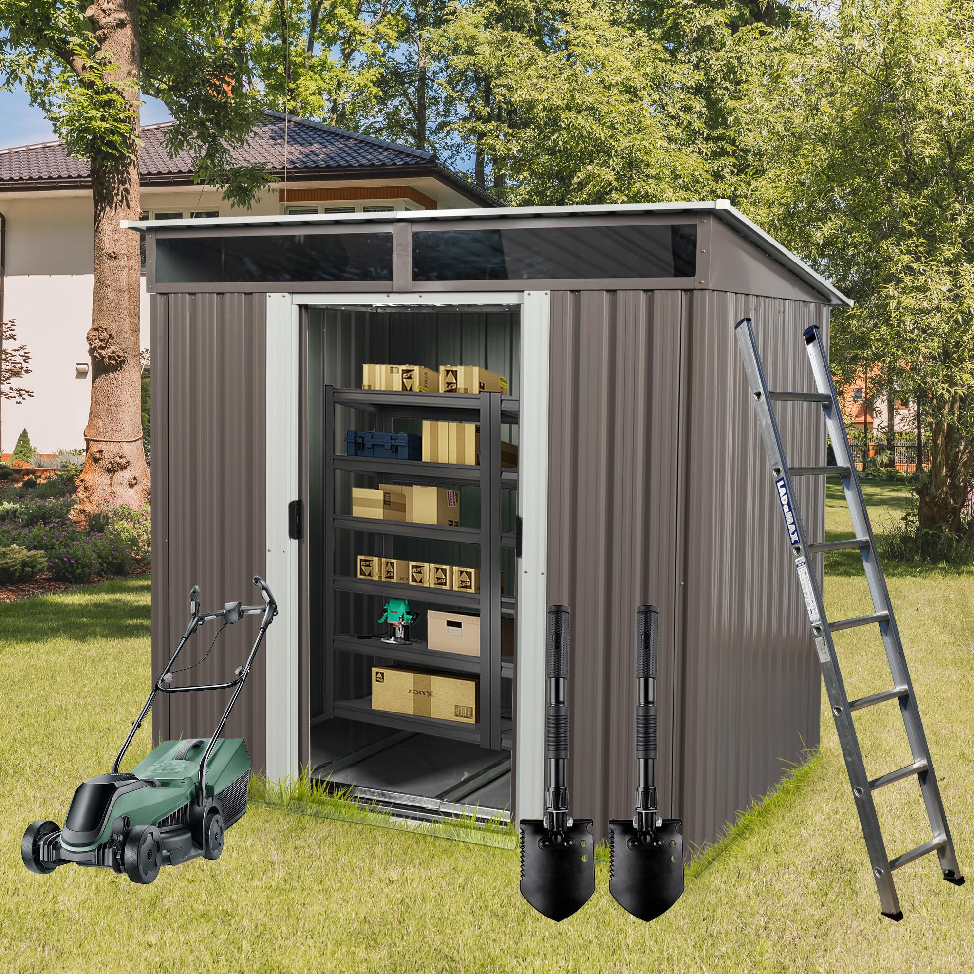 Outdoor Metal shed for Tools, Garden and Bikes, Outdoor Metal shed - Convenient Outdoor Storage Solution, Bikes, Electric Bikes (6ft x 5ft Grey-2)