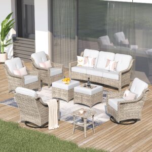 ovios 8 piece outdoor patio furniture with cozy comfortable swivel chair,rattan wicker coversation couch set with 3 seater sofa,sectional set for outside patio balcony backyard pool,light grey