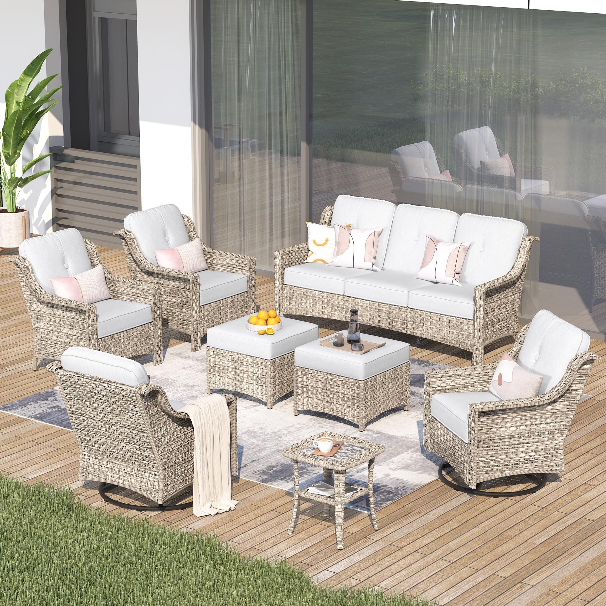 ovios 8 Piece Outdoor Patio Furniture with Cozy Comfortable Swivel Chair,Rattan Wicker Coversation Couch Set with 3 Seater Sofa,Sectional Set for Outside Patio Balcony Backyard Pool,Light Grey