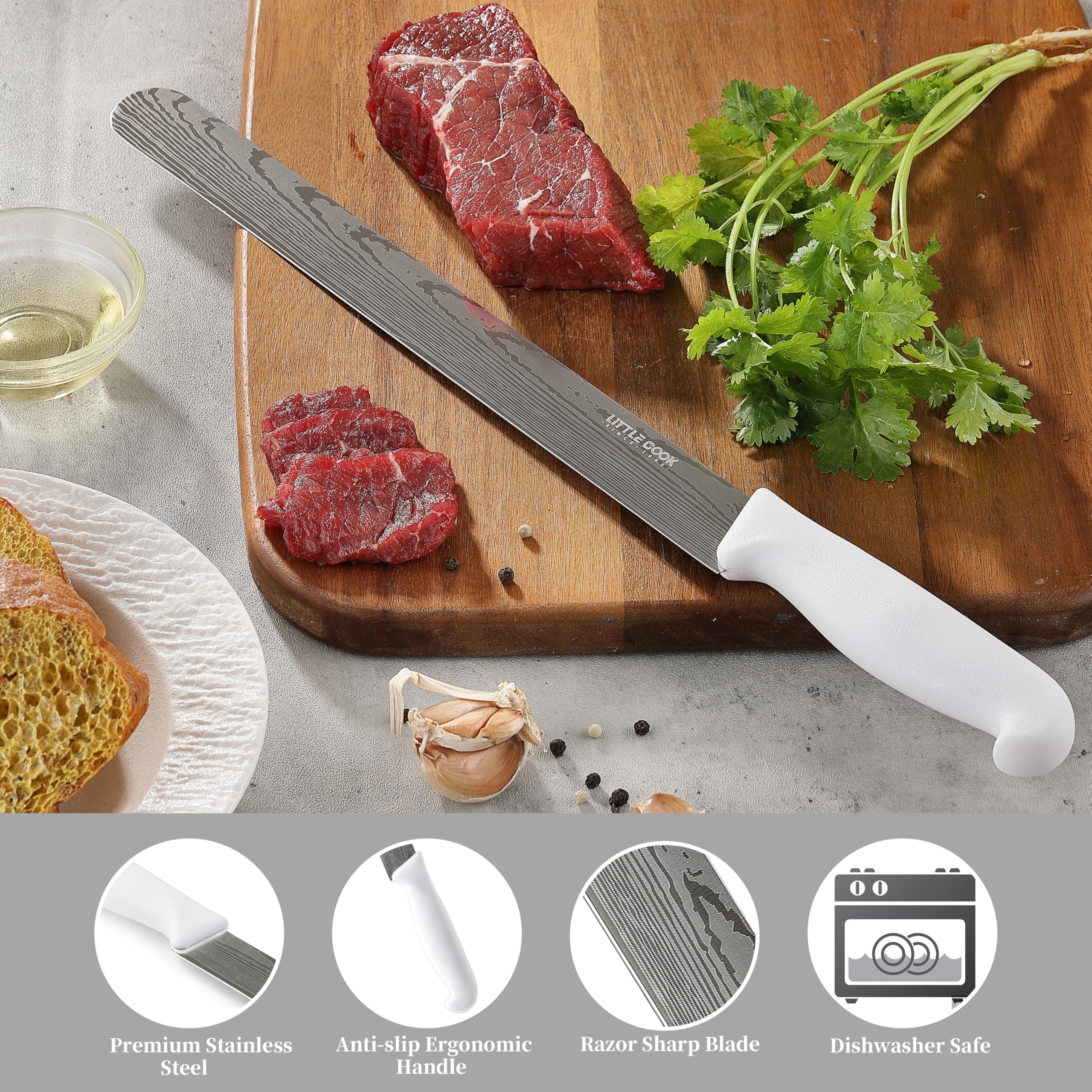 Brisket Slicing Knife, Little Cook 12" Stainless Steel Carving Knife for Meat, Brisket, BBQ, Turkey, Watermelon (White)