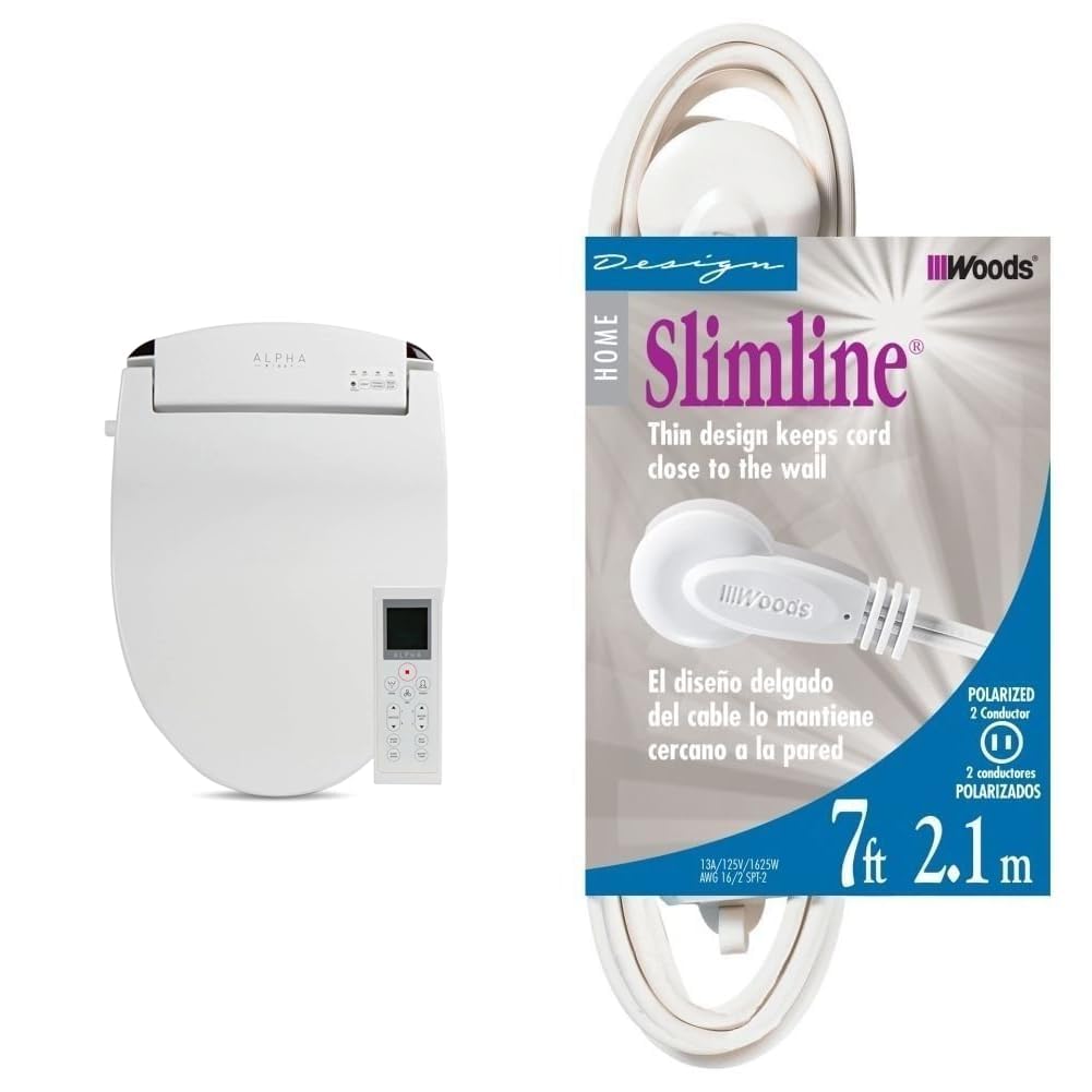 ALPHA BIDET JX2 Elongated Toilet Seat Bundle with SlimLine 2236 7-Foot Extension Cord, White