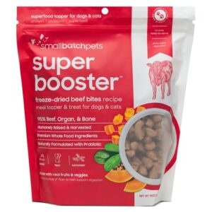 smallbatch pets freeze-dried super booster beef bites for dogs & cats, 18 oz, made in the usa, humanely raised single protein source, topper & treat, with organic vegetables and probiotics