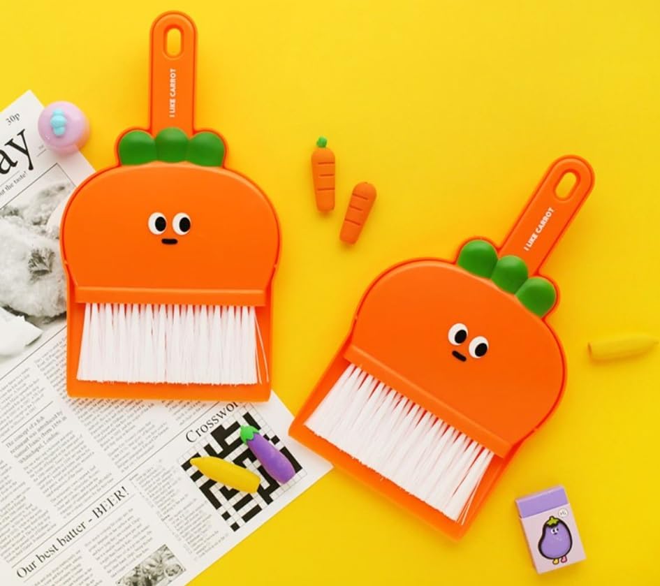 Generic Cute Carrot Mini Broom and Dustpan Set for Desk, Small Dustpan and Brush Set, Orange