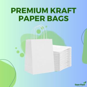 Saan-Pack Kraft Paper Bags with Handles 8"x4.5"x10.25", 25 Pack, White | Paper Gift Bag, Shopping Bag for Parties, Favors, Businesses