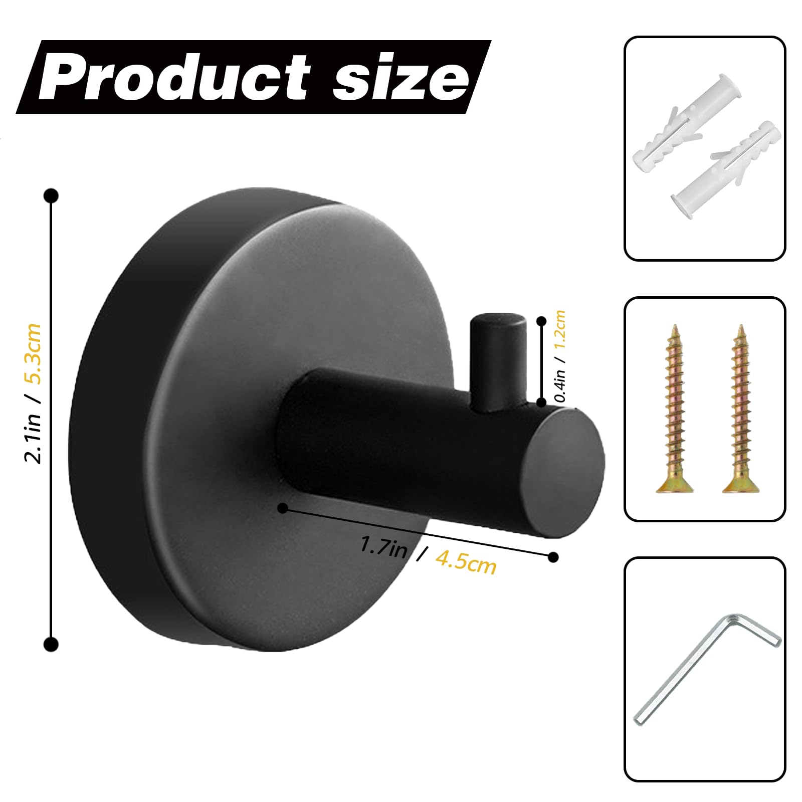 Yundoza 2 Pack Towel Hooks for Bathrooms, Screw in Stainless Steel Coat Robe Hook(Matte Black)