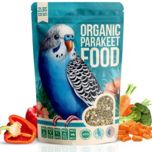 flocksentials 80% organic parakeet food - no dyes, fatty seeds, or fillers - human grade organic parakeet seed, grain & wholesome veggies - for budgies, lovebirds, parrotlets – made in usa (2 lbs)