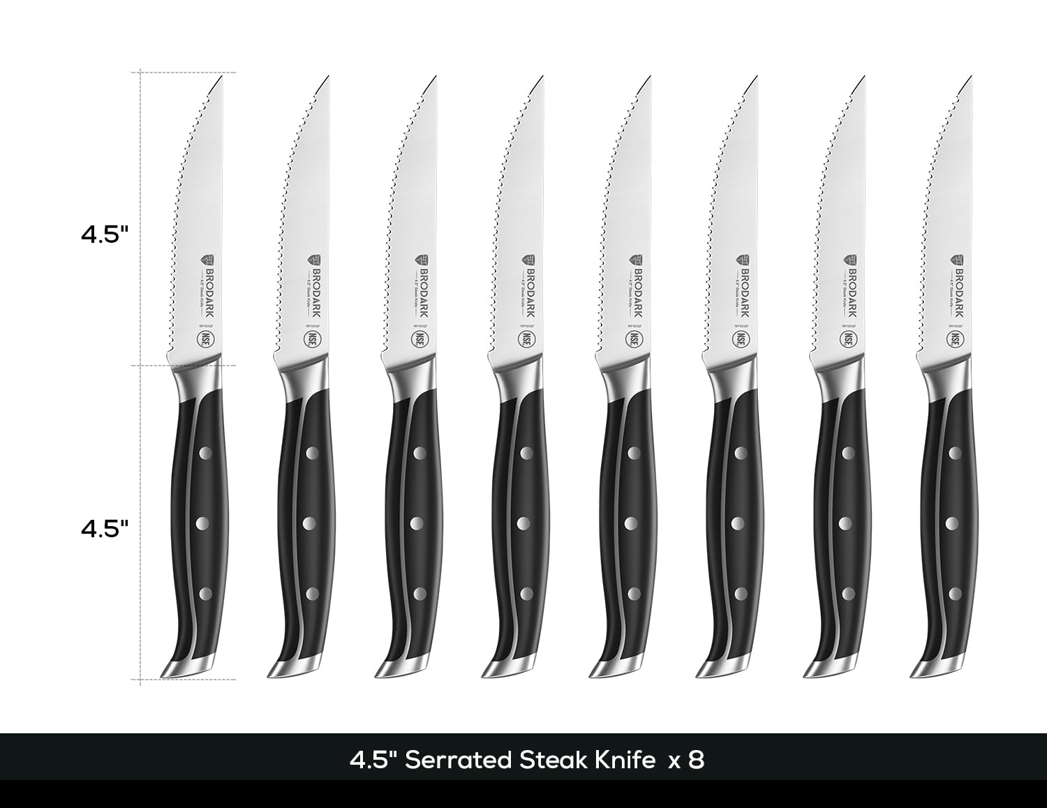 BRODARK Steak Knives Set of 8, Serrated Steak Knives with Full Tang Handle, High Carbon Stainless Steel Steak Knife Set, NSF Certified, Steel-King Series