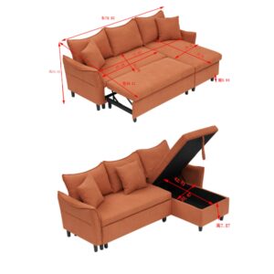 FHUKMZOI 80" Corduroy L-Shaped Convertible Sectional Couches Sofa with Reversible Storage Chaise, Pull-Out Sleeper Sofa Bed with Throw Pillows for Living Room, Office, Apartment (Orange)